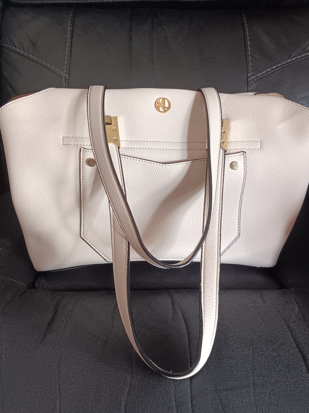 Kate Landry White Leather Tote with Gold Accents